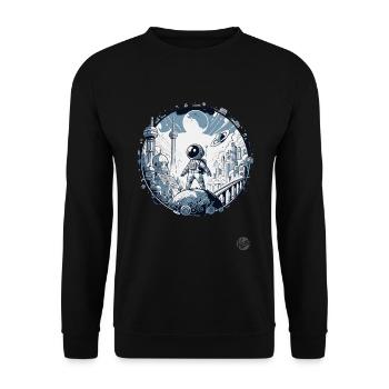 Futuristische Astronaut "Entdecker der Zukunft" - Unisex Pullover - Schwarz - Vorne - Alina (178cm) & Michal (187cm)