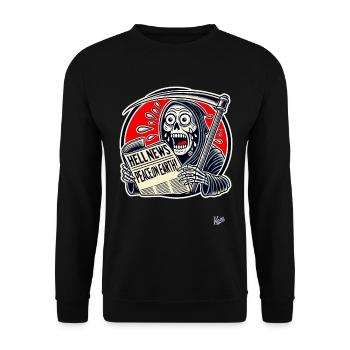 Sensenmann liest Zeitung, Frieden auf Erden - Unisex Pullover - Schwarz - Vorne - Alina (178cm) & Michal (187cm)