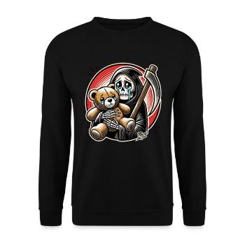 Crying Grim Reaper cuddling a stuffed animal - Unisex Sweatshirt - black - Front - Alina (178cm) & Michal (187cm)