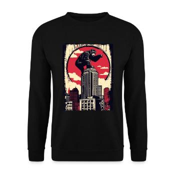 Lustiger Schimpanse klettert auf Wolkenkratzer - Unisex Pullover - Schwarz - Vorne - Alina (178cm) & Michal (187cm)