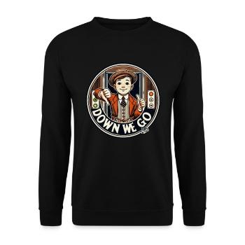 Aufzug Liftboy: Daumen runter, es geht abwärts - Unisex Pullover - Schwarz - Vorne - Alina (178cm) & Michal (187cm)