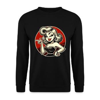 Retro-Blondine mit Zwinkern und Schnipsen - Unisex Pullover - Schwarz - Vorne - Alina (178cm) & Michal (187cm)