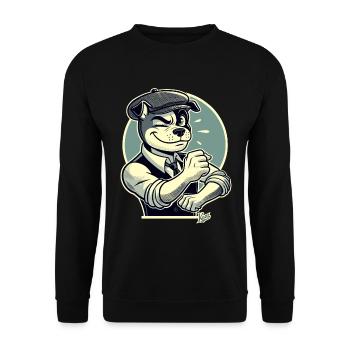 Retro Dapper Cartoon Hund im Stil der 1920er - Unisex Pullover - Schwarz - Vorne - Alina (178cm) & Michal (187cm)