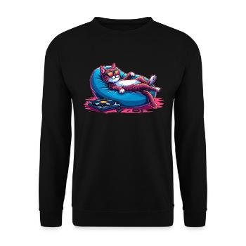 Katze & Musik, Bunte Digitale Kunst Katze - Unisex Pullover - Schwarz - Vorne - Alina (178cm) & Michal (187cm)