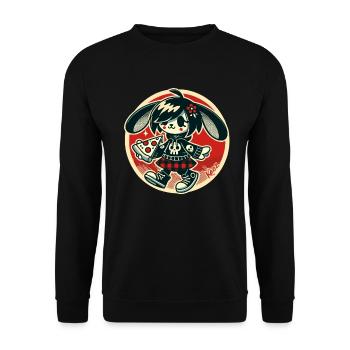 Lustiger Punk-Hase mit Pizza - Unisex Pullover - Schwarz - Vorne - Alina (178cm) & Michal (187cm)