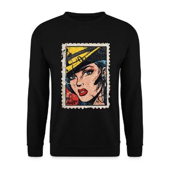 Pop-Art Frau mit Hut auf Retro-Comic Briefmarke - Unisex Pullover - Schwarz - Vorne - Alina (178cm) & Michal (187cm)