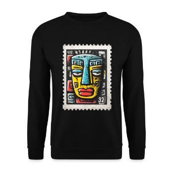 Bunte Maske im Tribal-Stil auf Briefmarke - Unisex Pullover - Schwarz - Vorne - Alina (178cm) & Michal (187cm)