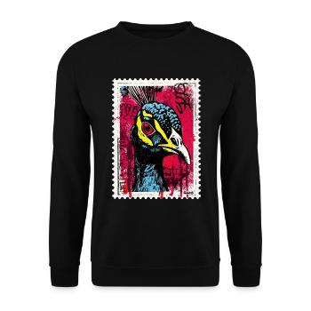 Pfau mit pinkem Blick im Streetart-Look - Unisex Pullover - Schwarz - Vorne - Alina (178cm) & Michal (187cm)