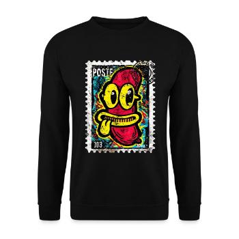 Freche Comic-Wurst mit Zunge auf Briefmarke - Unisex Pullover - Schwarz - Vorne - Alina (178cm) & Michal (187cm)