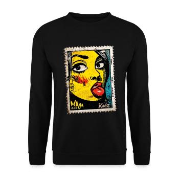 Freche Pop-Art Frau mit Zunge auf Briefmarke - Unisex Pullover - Schwarz - Vorne - Alina (178cm) & Michal (187cm)