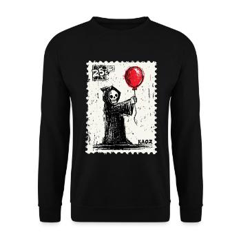 Briefmarke-Design Sensenmann mit rotem Ballon - Unisex Pullover - Schwarz - Vorne - Alina (178cm) & Michal (187cm)