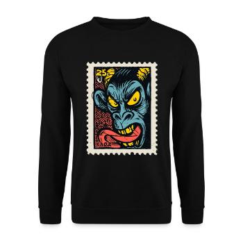 Dämon-Affe mit langer Zunge, eine Comic Briefmarke - Unisex Pullover - Schwarz - Vorne - Alina (178cm) & Michal (187cm)