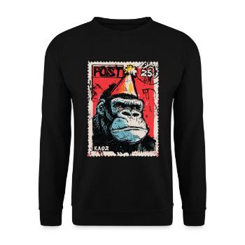 Gorilla mit Partyhut auf einer Briefmarke - Unisex Pullover - Schwarz - Vorne - Alina (178cm) & Michal (187cm)