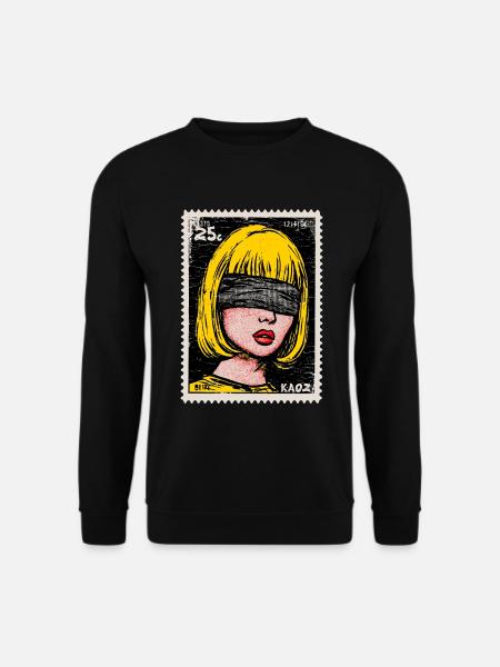Frau mit Augenbinde im Pop-Art Briefmarke - Unisex Pullover - Schwarz