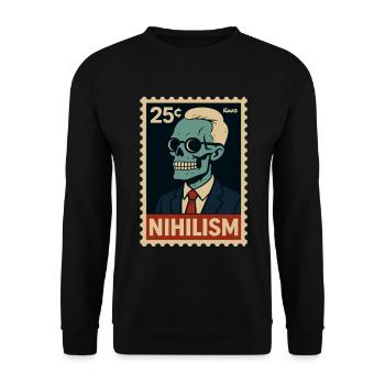 Nihilismus Briefmarke – Skelett im Anzug - Unisex Pullover - Schwarz - Vorne - Alina (178cm) & Michal (187cm)