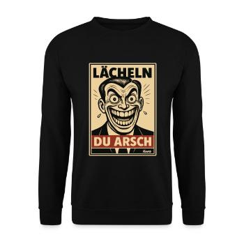 Lächeln du Arsch Sarkamsmus Comic im Retro Stil - Unisex Pullover - Schwarz - Vorne - Alina (178cm) & Michal (187cm)