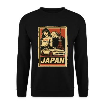 JDM Japan Retrodesign mit Auto und Mädchen - Unisex Pullover - Schwarz - Vorne - Alina (178cm) & Michal (187cm)