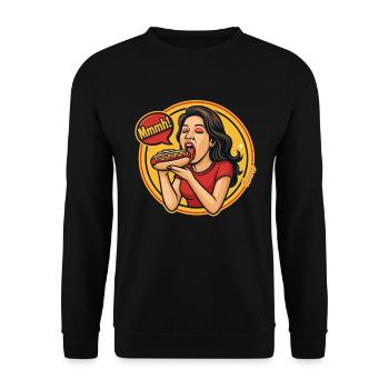 Frau genießt Hotdog Comic Pop Art Stil - Unisex Pullover - Schwarz - Vorne - Alina (178cm) & Michal (187cm)
