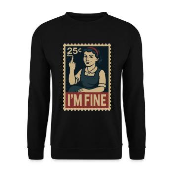 Frau mit Mittelfinger und Text „Mir geht es gut“ - Unisex Pullover - Schwarz - Vorne - Alina (178cm) & Michal (187cm)
