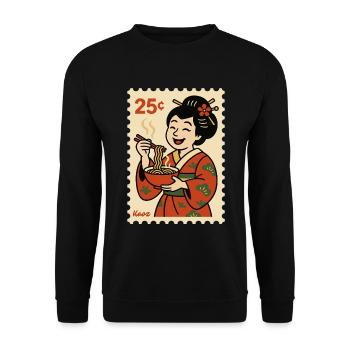 Geisha en kimono avec bol de nouilles sur timbre-poste - Sweat-shirt Unisexe - noir - Devant - Alina (178cm) & Michal (187cm)