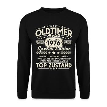 Oldtimer 1976 Jahrgang Vintage Retro Geburtstag - Unisex Pullover - Schwarz - Vorne - Alina (178cm) & Michal (187cm)