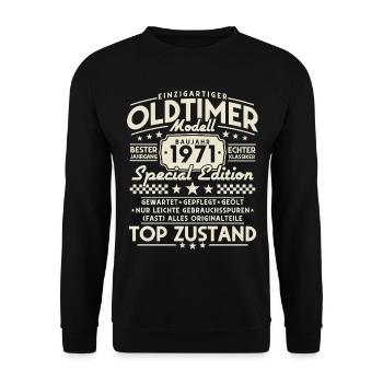 Oldtimer 1971 Jahrgang Vintage Retro Geburtstag - Unisex Pullover - Schwarz - Vorne - Alina (178cm) & Michal (187cm)