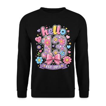 Hello 13 Ans Or et Nœud Rose | Anniversaire Ado - Sweat-shirt Unisexe - noir - Devant - Alina (178cm) & Michal (187cm)