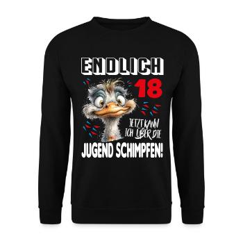 Endlich 18: Strauß Vogel Geburtstag Birthday - Unisex Pullover - Schwarz - Vorne - Alina (178cm) & Michal (187cm)