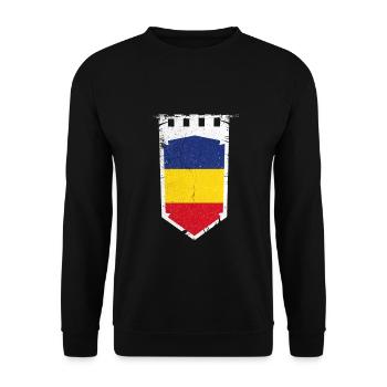 Rumänien Wappen Bukarest - Unisex Pullover - Schwarz - Vorne - Alina (178cm) & Michal (187cm)