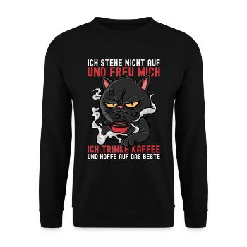 Kaffee Katze Lustig Spruch Bürohumor Morgenmuffel - Unisex Pullover - Schwarz - Vorne - Alina (178cm) & Michal (187cm)