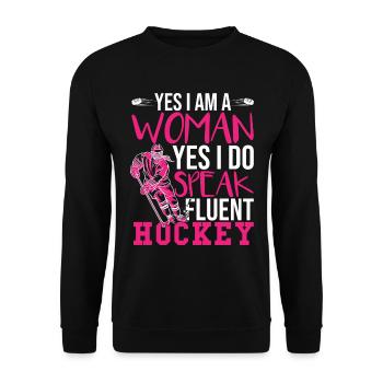 Ich spreche fließend Hockey - Unisex Pullover - Schwarz - Vorne - Alina (178cm) & Michal (187cm)