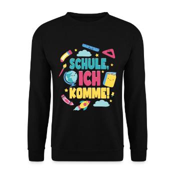 Schule ich Komme Einschulung Schulstart - Unisex Pullover - Schwarz - Vorne - Alina (178cm) & Michal (187cm)