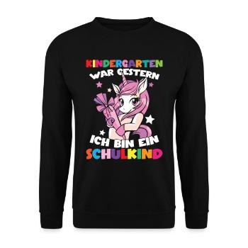 Ich bin ein Schulkind Einschulung Einhorn - Unisex Pullover - Schwarz - Vorne - Alina (178cm) & Michal (187cm)