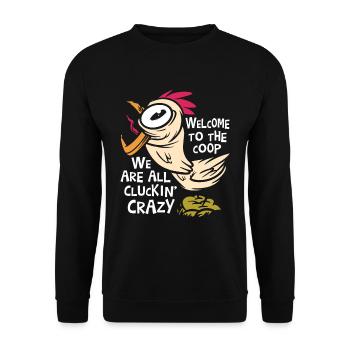 Wir sind alle verrückt nach Cluckin | Hühnchen-Liebhaber - Unisex Pullover - Schwarz - Vorne - Alina (178cm) & Michal (187cm)