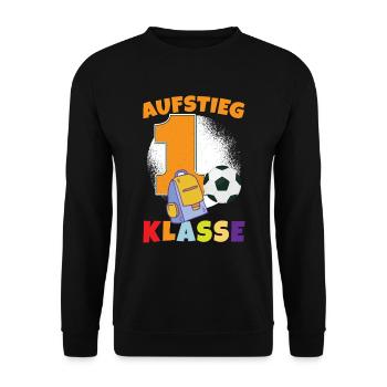 Aufstieg 1 Klasse Einschulung - Unisex Pullover - Schwarz - Vorne - Alina (178cm) & Michal (187cm)