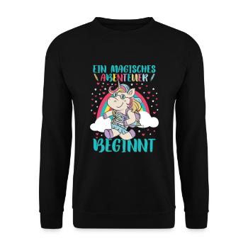 Einschulung Einhorn Mädchen Grundschule - Unisex Pullover - Schwarz - Vorne - Alina (178cm) & Michal (187cm)