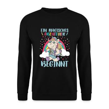 Schulranzen Einhorn Schulanfang Schulkind - Unisex Pullover - Schwarz - Vorne - Alina (178cm) & Michal (187cm)