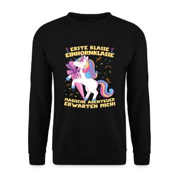 Erste Klasse Einhornklasse - Unisex Pullover - Schwarz - Vorne - Alina (178cm) & Michal (187cm)