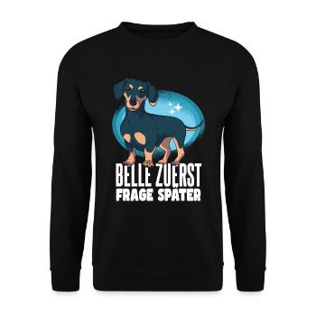 Lustiger Dackel Spruch - Unisex Pullover - Schwarz - Vorne - Alina (178cm) & Michal (187cm)