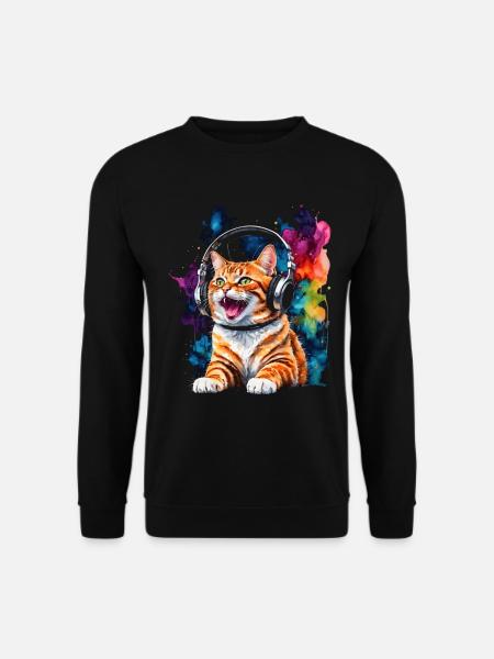 Katze Kopfhörer Bunt Lustig Tier Design Print - Unisex Pullover - Schwarz
