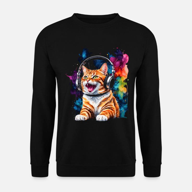 Katze Kopfhörer Bunt Lustig Tier Design Print - Unisex Pullover - Schwarz