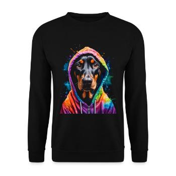 Dobermann Hoodie Hund Bunt Lustig Tier Print - Unisex Pullover - Schwarz - Vorne - Alina (178cm) & Michal (187cm)