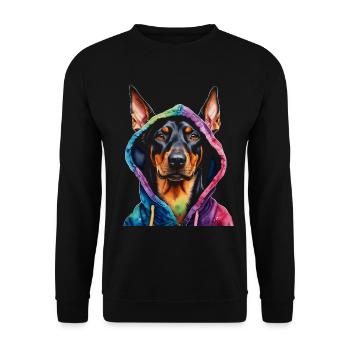 Dobermann Hoodie Hund Bunt Lustig Tier Print - Unisex Pullover - Schwarz - Vorne - Alina (178cm) & Michal (187cm)