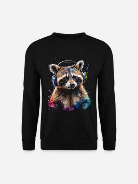 Waschbär Kopfhörer Musik Bunt Tier Design Print - Unisex Pullover - Schwarz