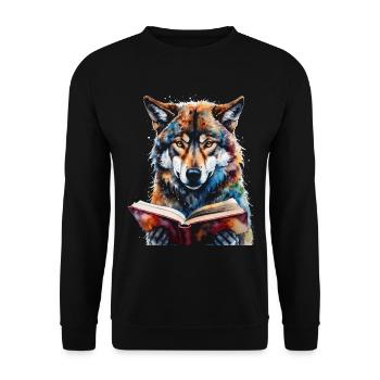 Wolf Lesen Buch Bunt Tier Design Print - Unisex Pullover - Schwarz - Vorne - Alina (178cm) & Michal (187cm)