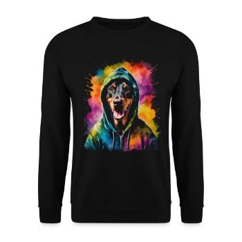 Dobermann Hoodie Hund Bunt Lustig Tier Print - Unisex Pullover - Schwarz - Vorne - Alina (178cm) & Michal (187cm)
