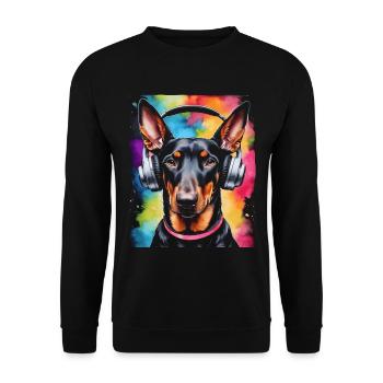 Dobermann Kopfhörer Hund Lustig Tier Design Print - Unisex Pullover - Schwarz - Vorne - Alina (178cm) & Michal (187cm)