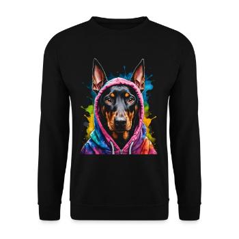 Dobermann Hoodie Hund Bunt Lustig Tier Print - Unisex Pullover - Schwarz - Vorne - Alina (178cm) & Michal (187cm)