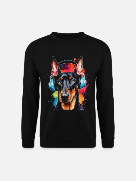 Dobermann Kopfhörer Hund Lustig Tier Design Print - Unisex Pullover - Schwarz