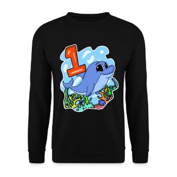 1 Jahr alt - Einschulung - Delfin Motiv - Zahl 1 - Unisex Pullover - Schwarz - Vorne - Alina (178cm) & Michal (187cm)